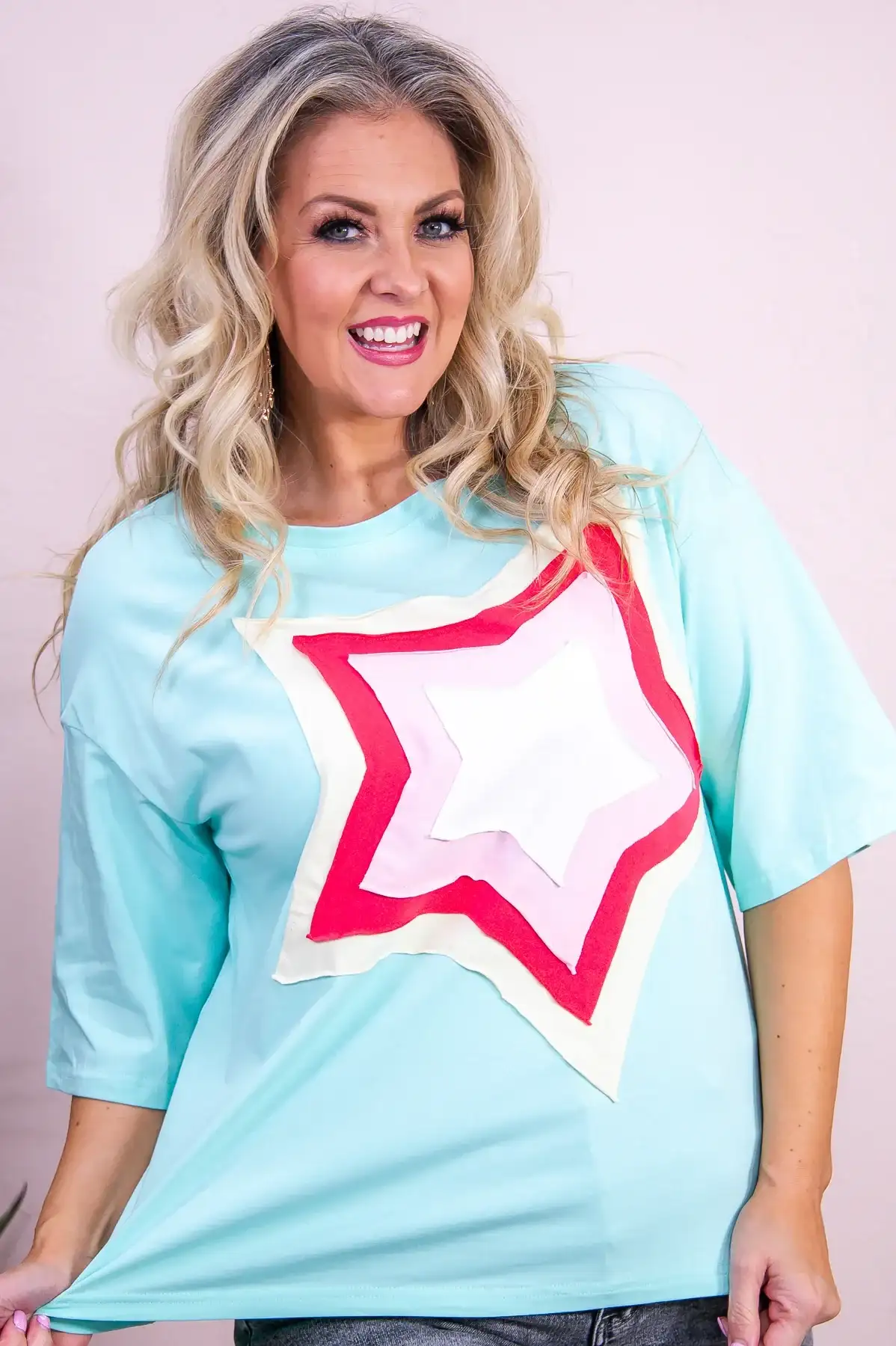 Image of Wander Under The Stars Light Jade/Multi Color Star Patch Top - T9247LJD