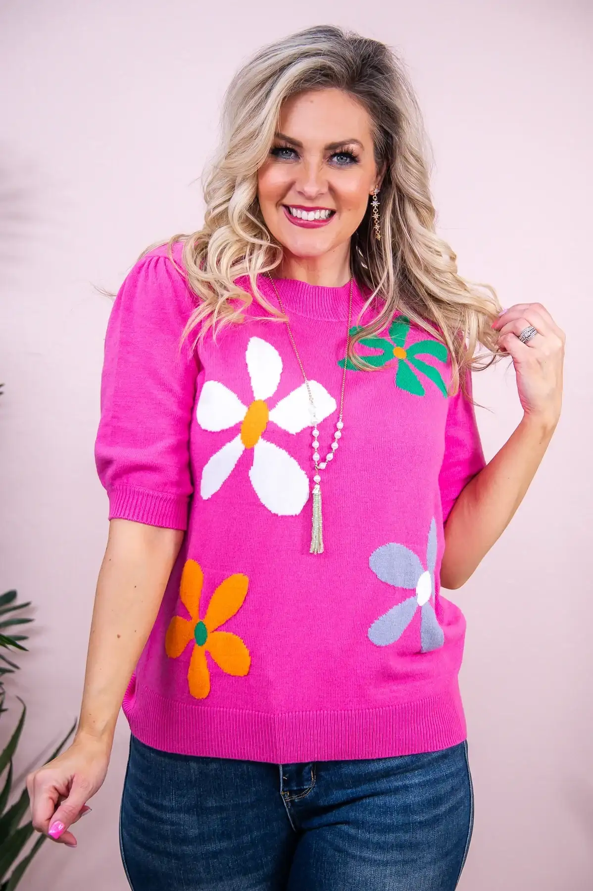 Image of Plant Your Own Garden Hot Pink/Multi Color Floral Knitted Top - T9013HPK