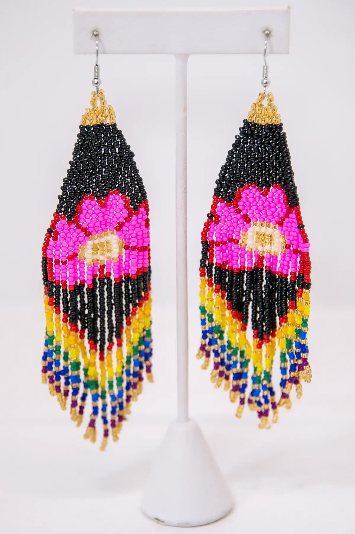 Image of Black/Multi Color Floral Seed Bead Tassel Drop Earrings - EAR4256BK