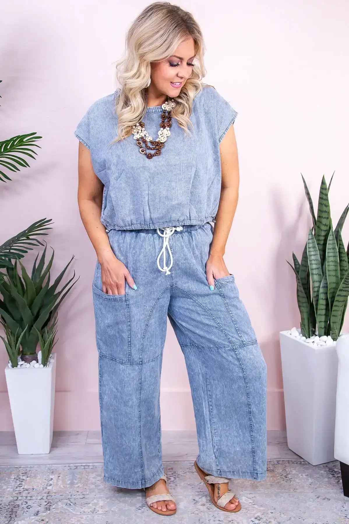 Image of State Of Bliss Denim Blue Striped Top/Pant (2-Piece Set) - T9551DBL