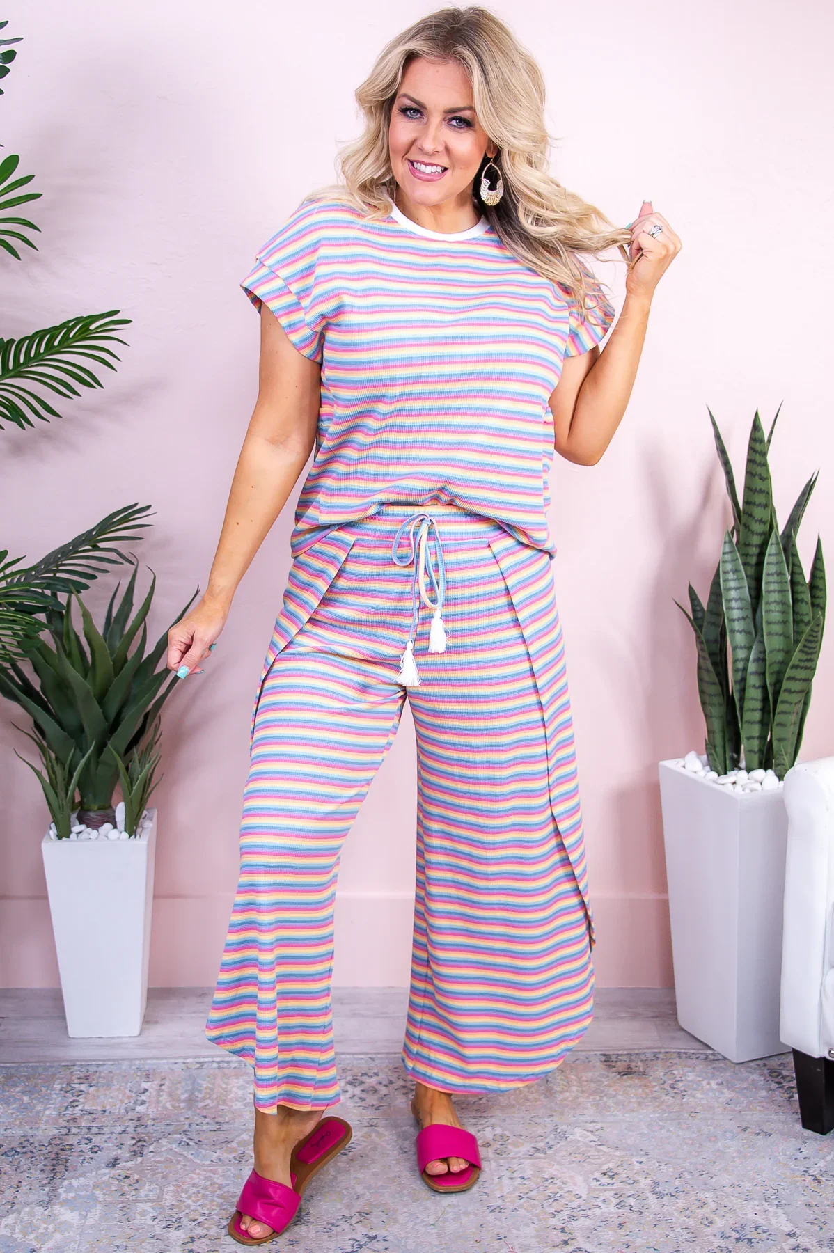 Image of Happy In Hawaii Pink/Multi Color Striped Top/Pant (2-Piece Set ) - T9525PK