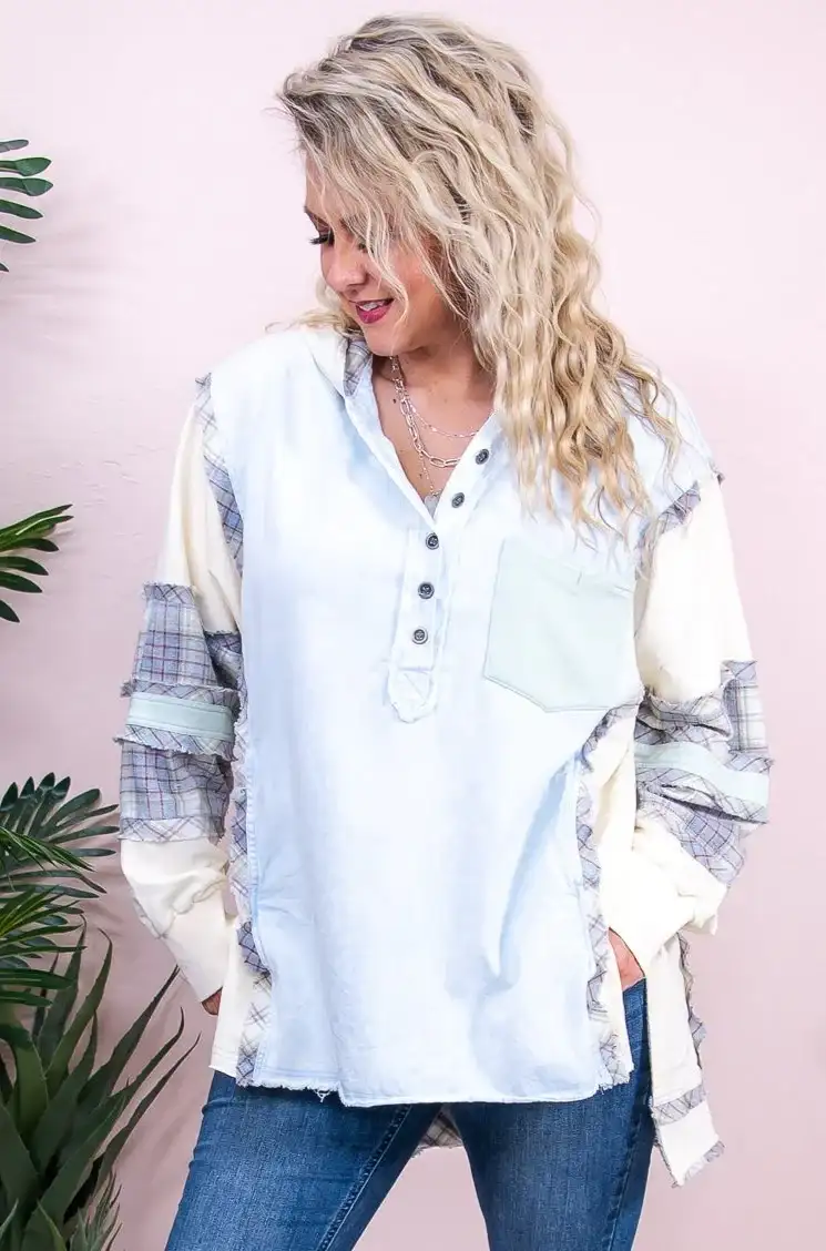 Image of Here For Today Light Blue/Multi Color Plaid Patchwork Tunic - T9028LBL