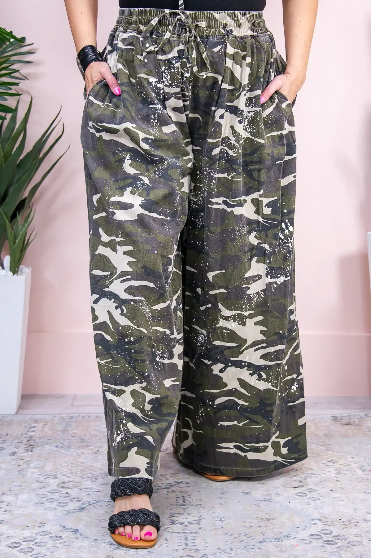 Image of Camo Wearin' Country Girl Dark Olive/Multi Color Camouflage/Paint Splatter Wide Leg Pants - PNT1570CA