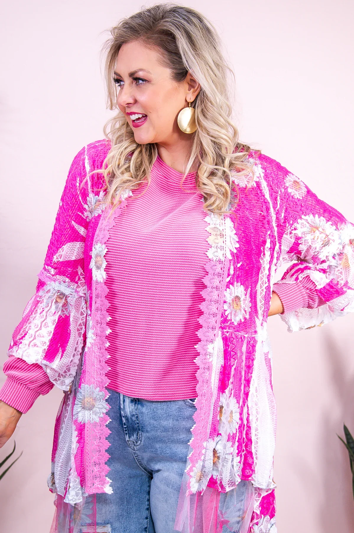 Image of I Belong With The Flowers Hot Pink/Ivory Floral Lace Kimono - O5370HPK