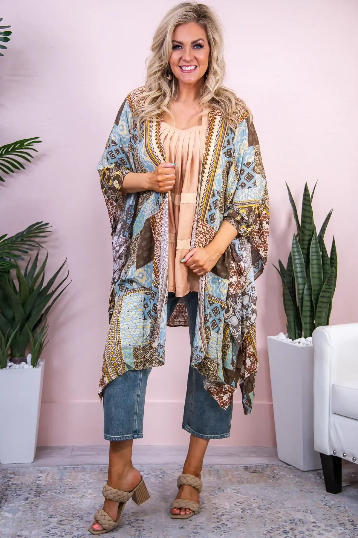 Image of Give Me All The Details Sage/Multi Color/Pattern Asymmetrical Kimono - O5405SG