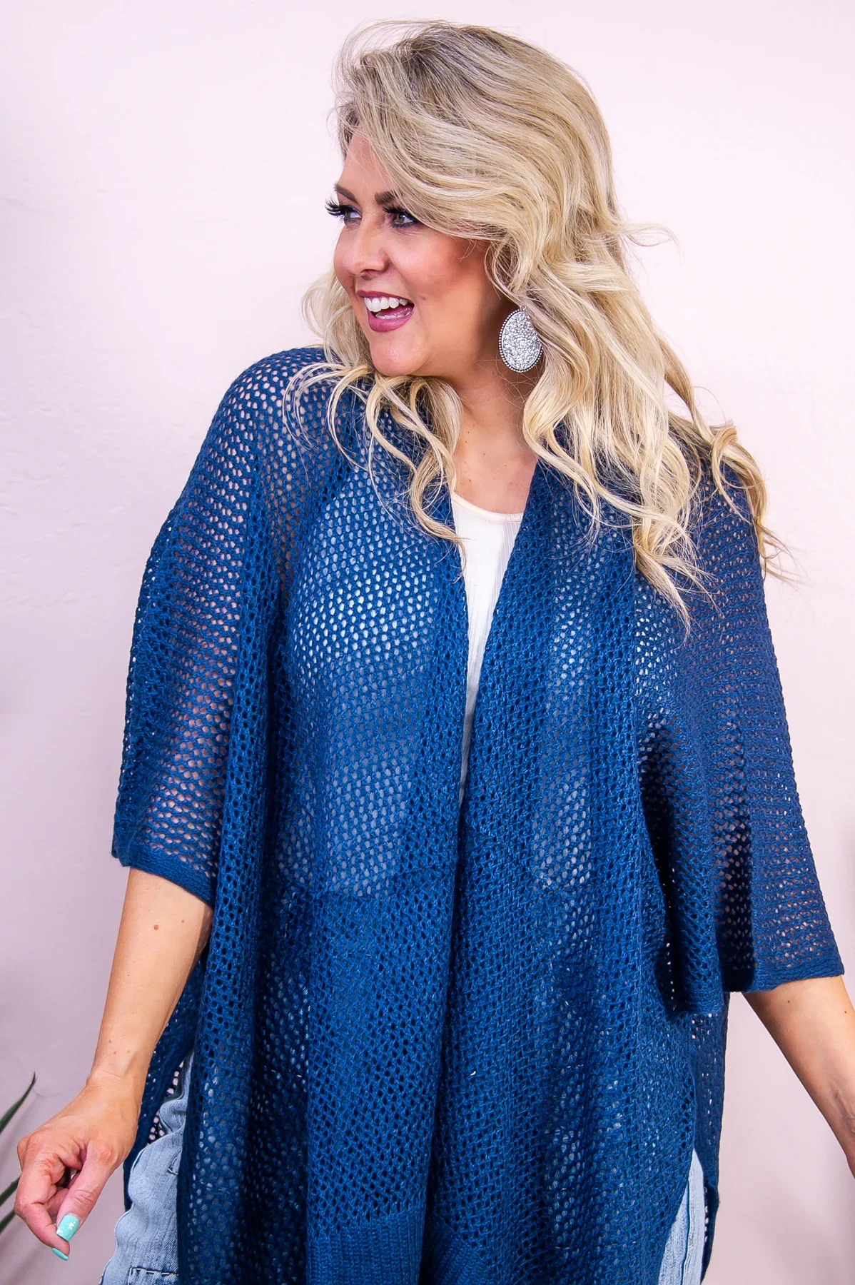 Image of Beach Therapy Navy Solid Knitted Asymmetrical Kimono (One Size 4-18) - O5415NV
