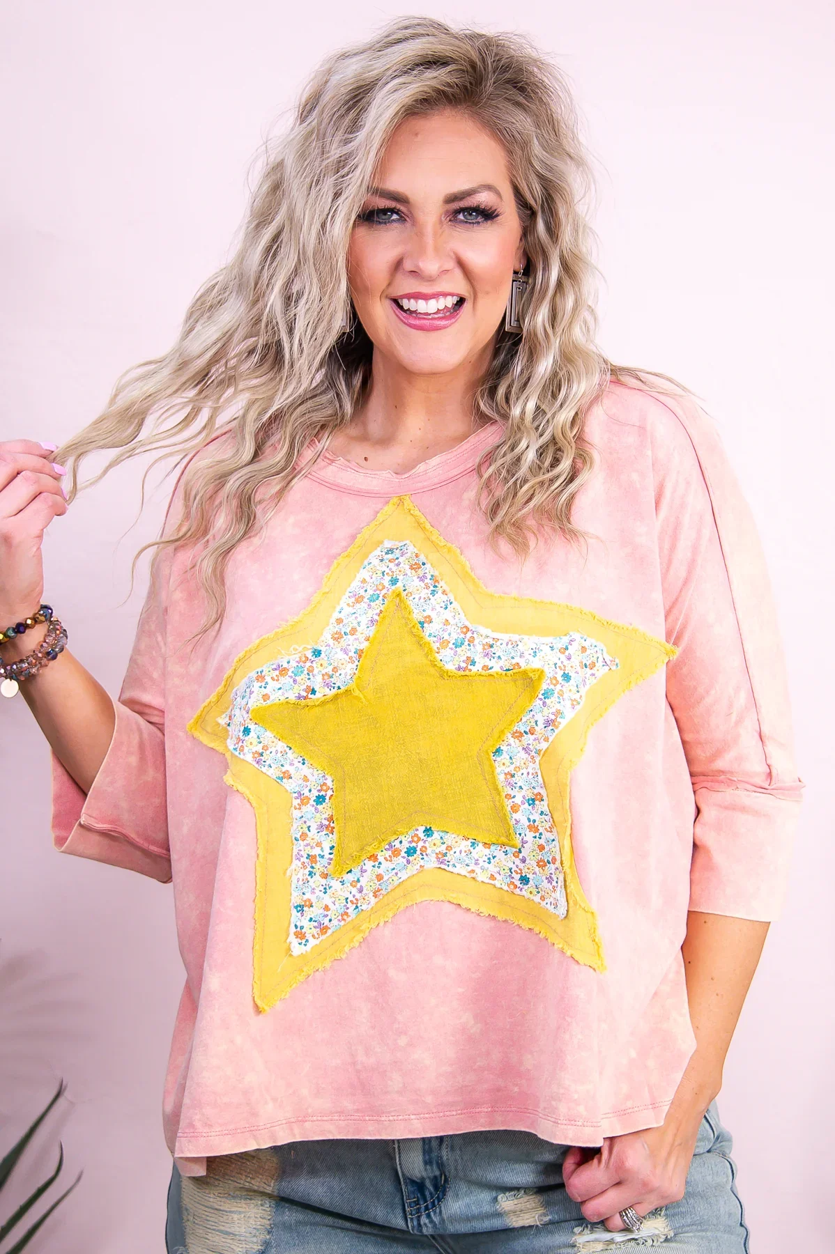 Image of Ready To Shine Peach/Multi Color Floral/Star Patchwork Top - T9262PE