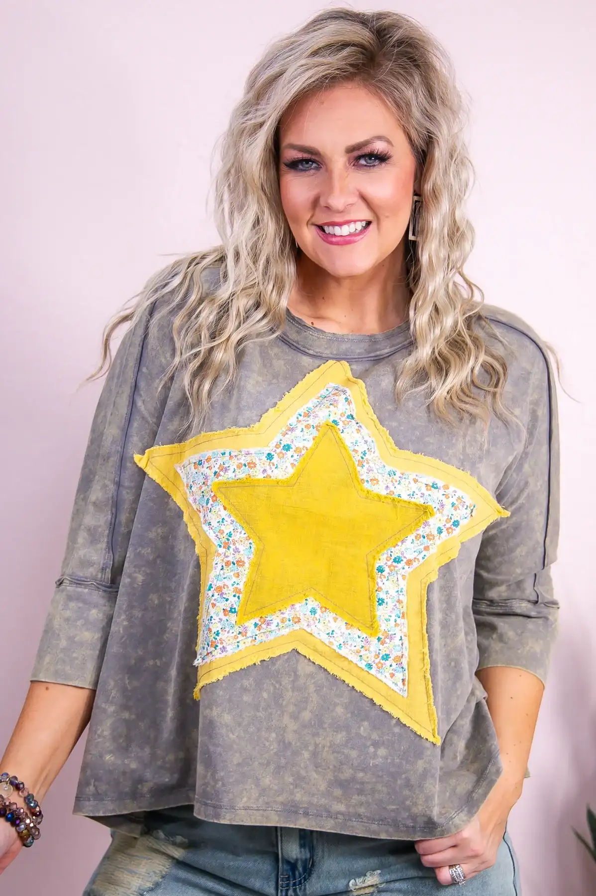 Image of Ready To Shine Ash/Multi Color Floral/Star Patchwork Top - T9260AH
