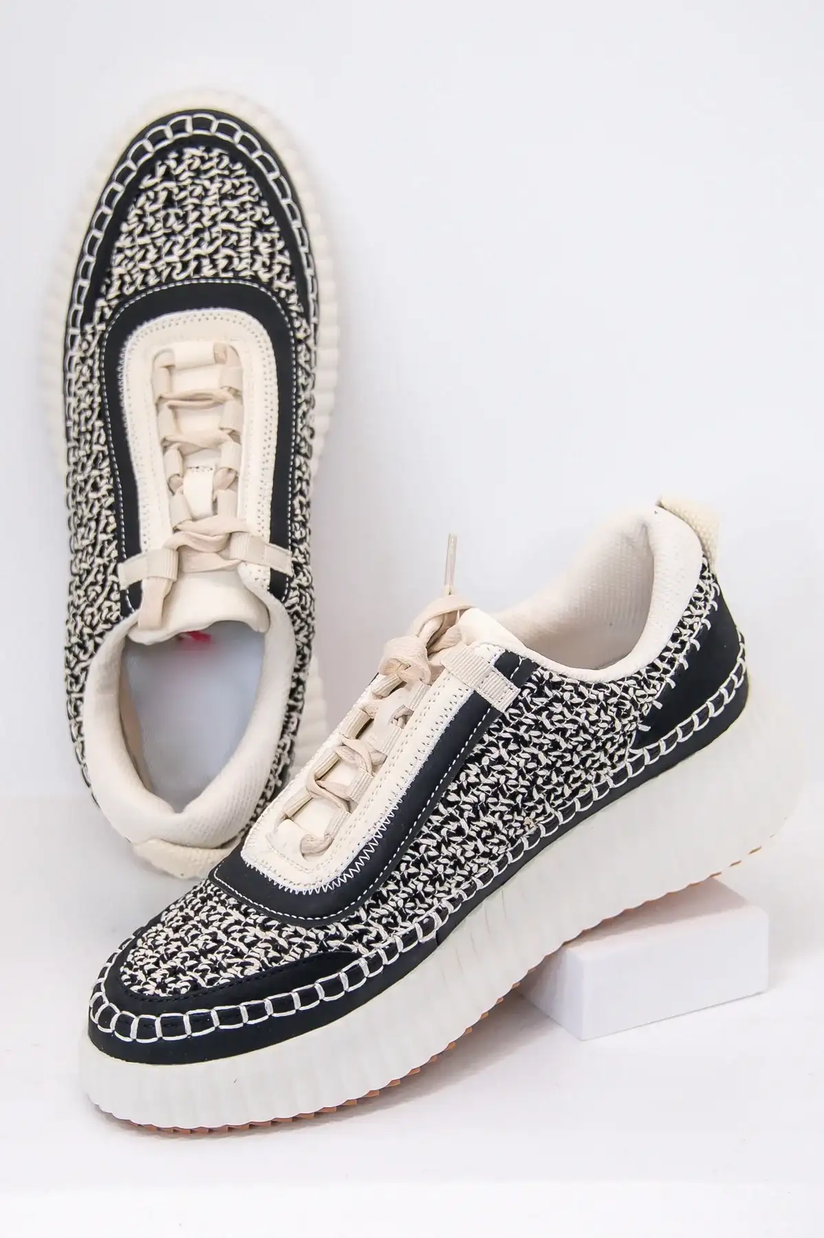 Image of Match My Vibe Black/Beige Crocheted Platform Sneakers - SHO2693BK