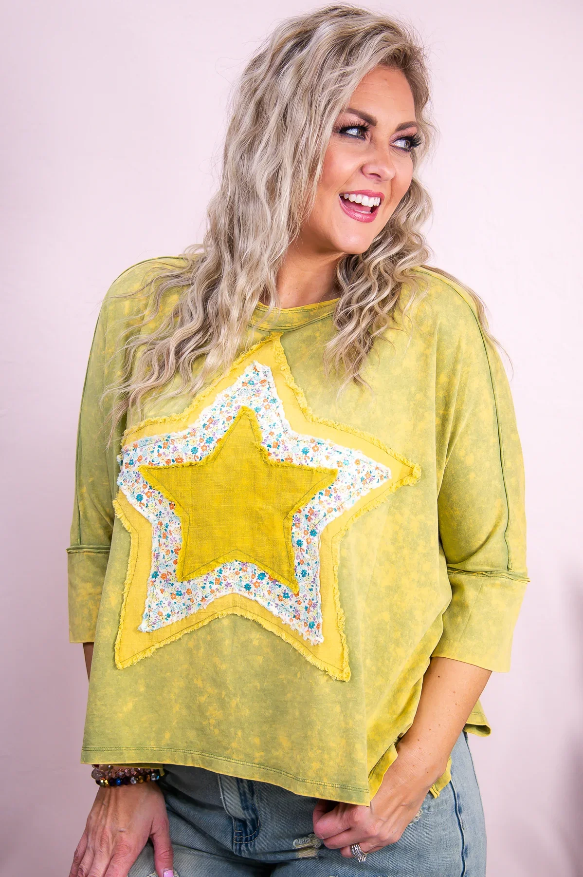 Image of Ready To Shine Olive/Multi Color Floral/Star Patchwork Top - T9261OL