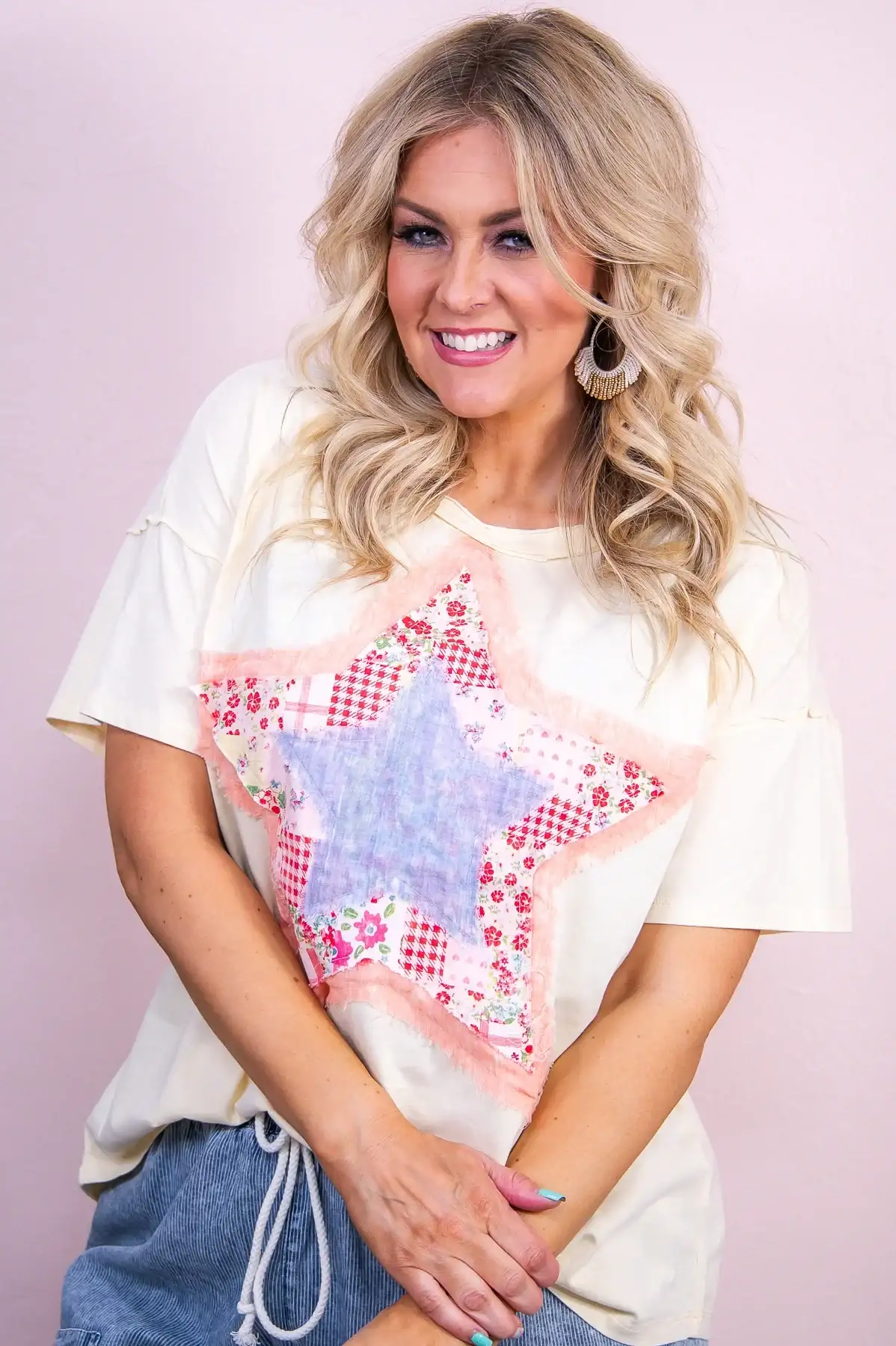 Image of Find Your Bliss Ivory/Multi Color Floral Star Patchwork Top - T9558IV
