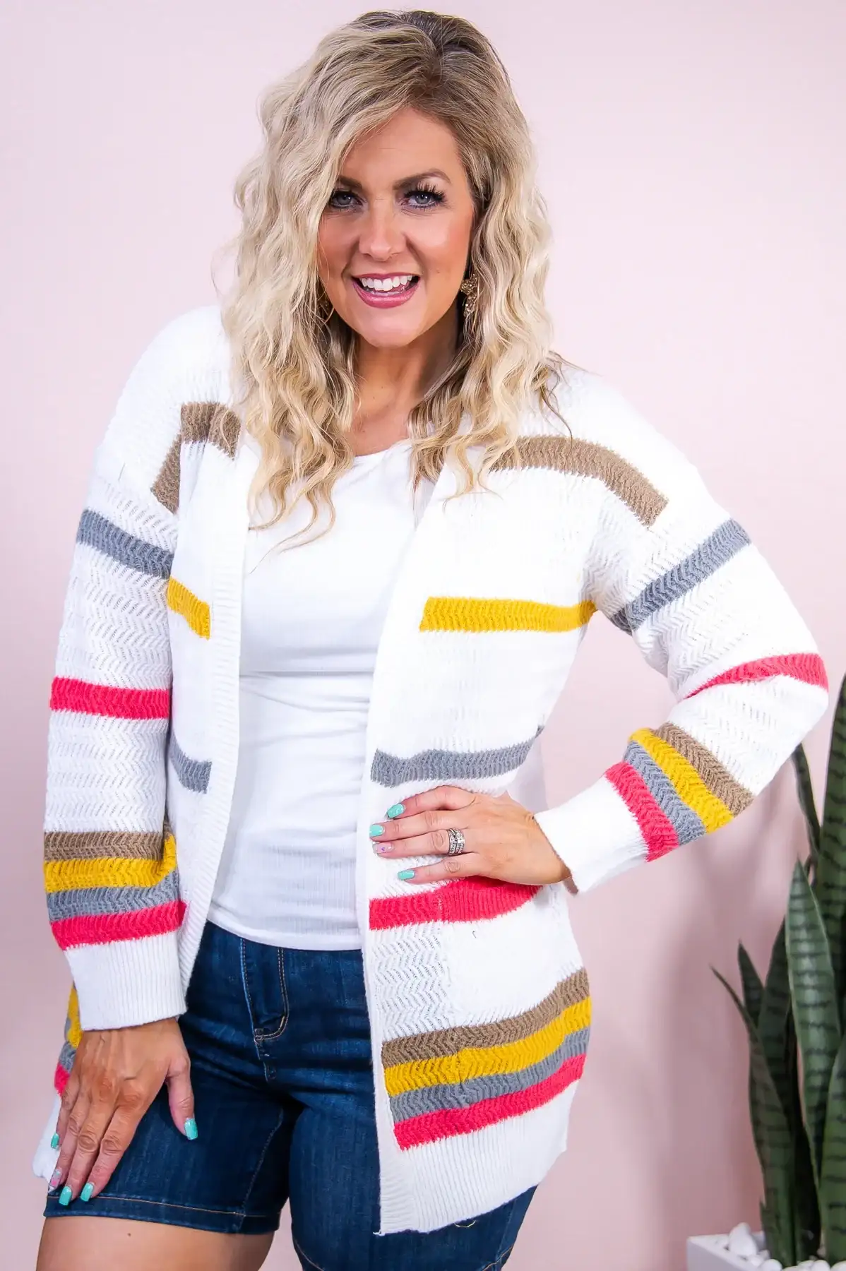 Image of Find Me At Home Ivory/Multi Color Striped Knitted Cardigan - O5432IV