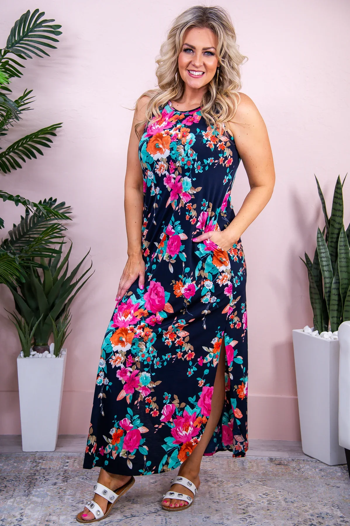 Image of Simply Brilliant Navy/Multi Color Floral Maxi Dress - D5130NV