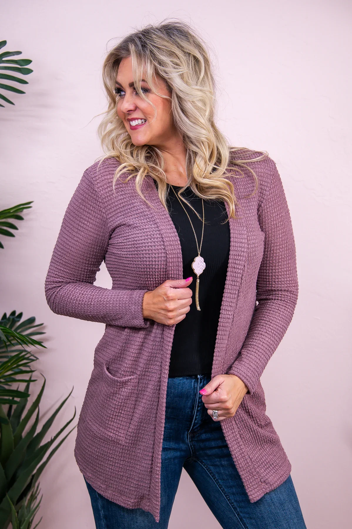 Image of Live For Love Mauve Solid Knitted Cardigan - O5333MV