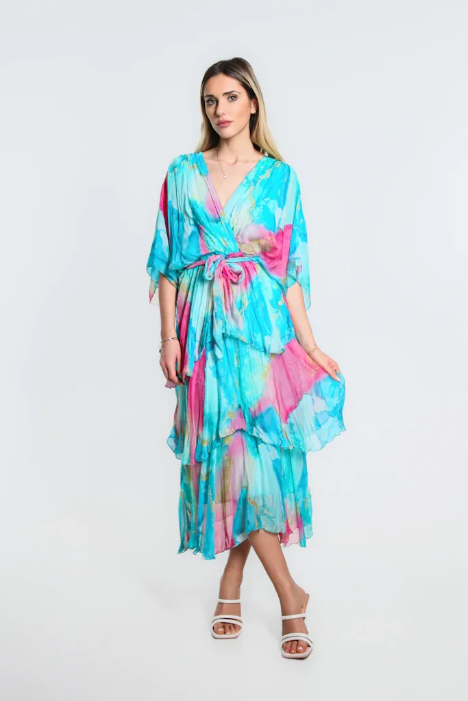 Image of Dawn Abstract Watercolor Cross Front Silk Ruffle Dress