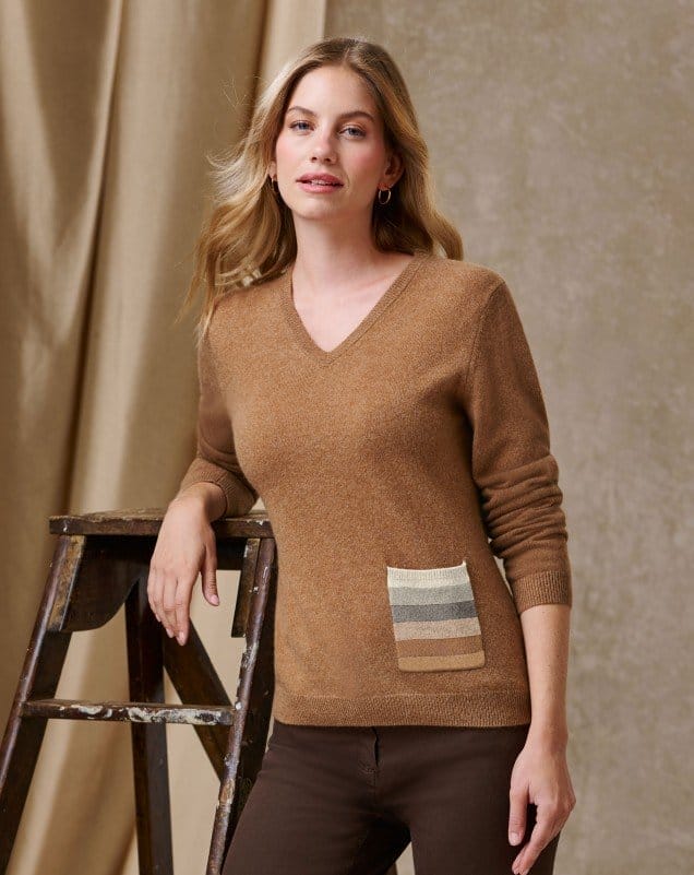 Cashmere Stripe Pocket V Neck