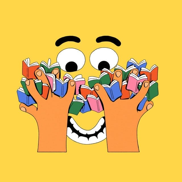 With a wide grin, cartoon face gazes at dozens of tiny books in their hands on a yellow background.