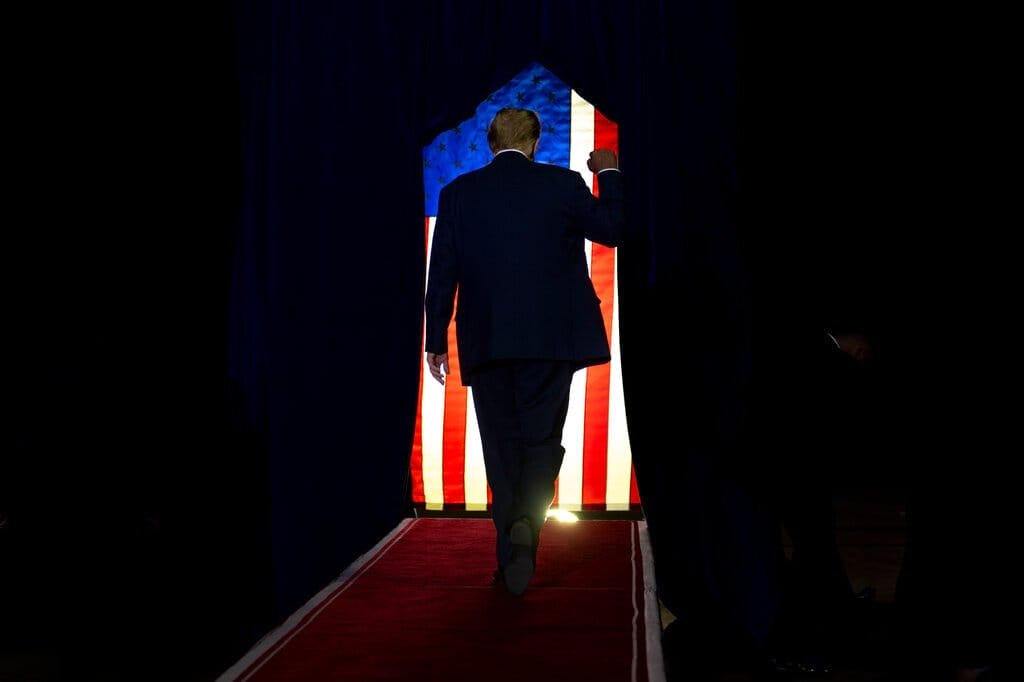 The back of former President Donald J. Trump, with his right fist raised as he’s walking, silhouetted against an American flag.