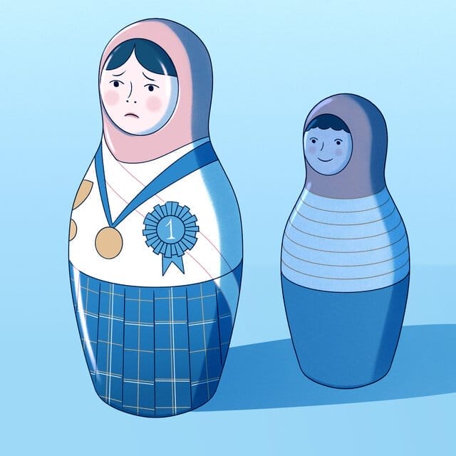 An illustration of four nesting dolls in a row in a blue background. In descending height from left to right, the dolls have faces descending in age, with the one on the far right in white diapers with hands clasped at the front. Compared with the other dolls’ faces that look happy, the face of the doll on the far left looks sad. It is adorned with medals and a ribbon that says “1.”