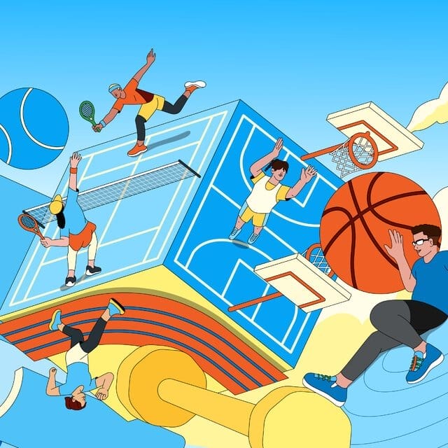 An illustration of six people playing sports or exercising on three sides of a cube. Activities include tennis, basketball, running and swimming. Workout equipment is surrounding them.