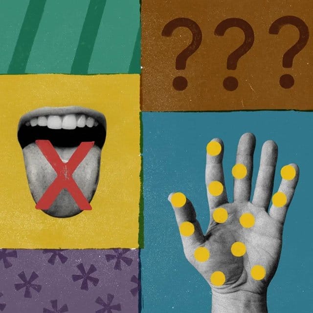 An illustration of colorful rectangles with an ear, mouth and palm of a hand with geometric shapes and questions marks overlapping them. 