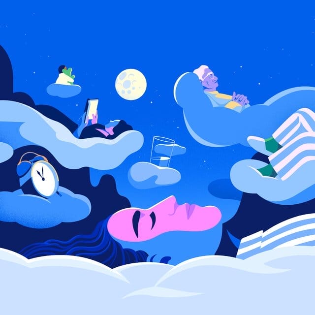 An illustration of people of different ages and genders resting or sleeping on clouds in a night sky. A child hugs a teddy bear, a woman reads a book, and elderly man sleeps peacefully with his hands folded on his chest. There is also a glass of water and an alarm clock. 