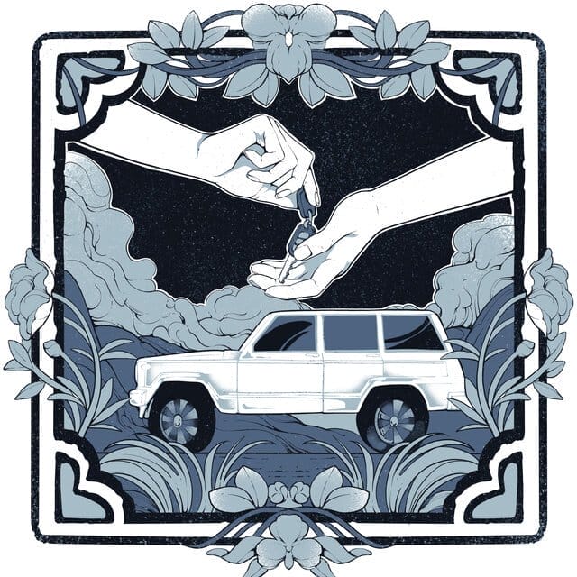 An illustration depicts an S.U.V. with two hands above it holding car keys. The image is framed with a garland of leaves and flowers.