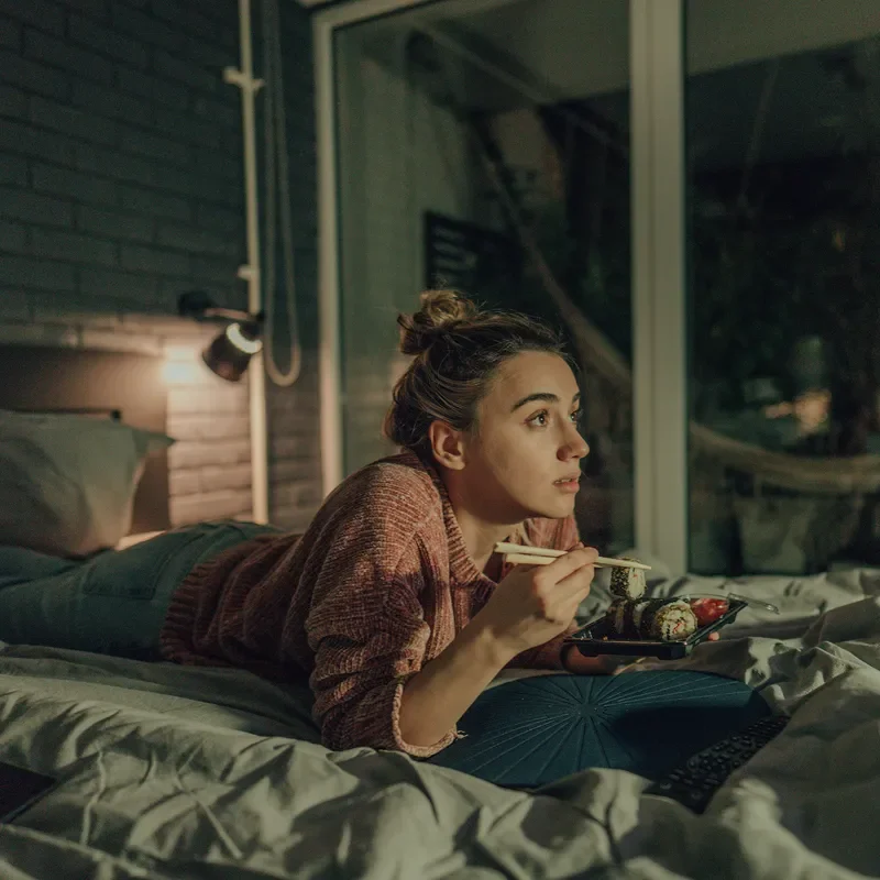 Person lying on a bed holding a tray of sushi and looking up at the illumination of the TV