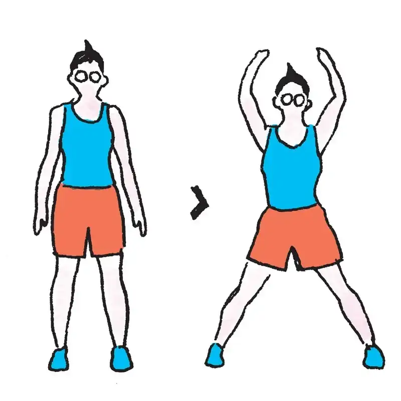 A side-by-side ofa. person exercising. On one side they're standing with their arms by their side. On the other, their arms are above their head.