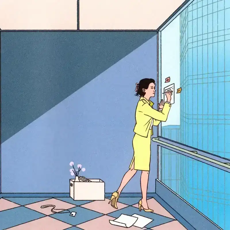 Illustration of a woman writing in a spacious corporate elevator with a lanyard and box holding her personal belongings strewn on the floor.