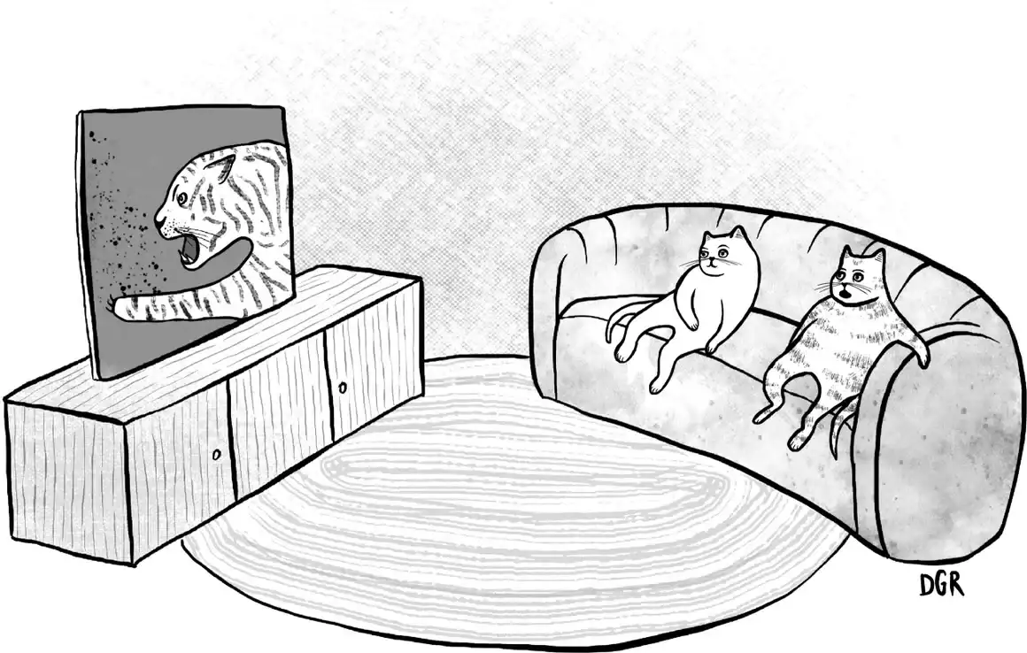 Two cats sit on a love seat and watch a television screen that has a tiger on it. 