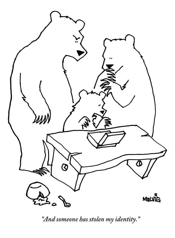 Two parent bears hover over child bear with computer. 