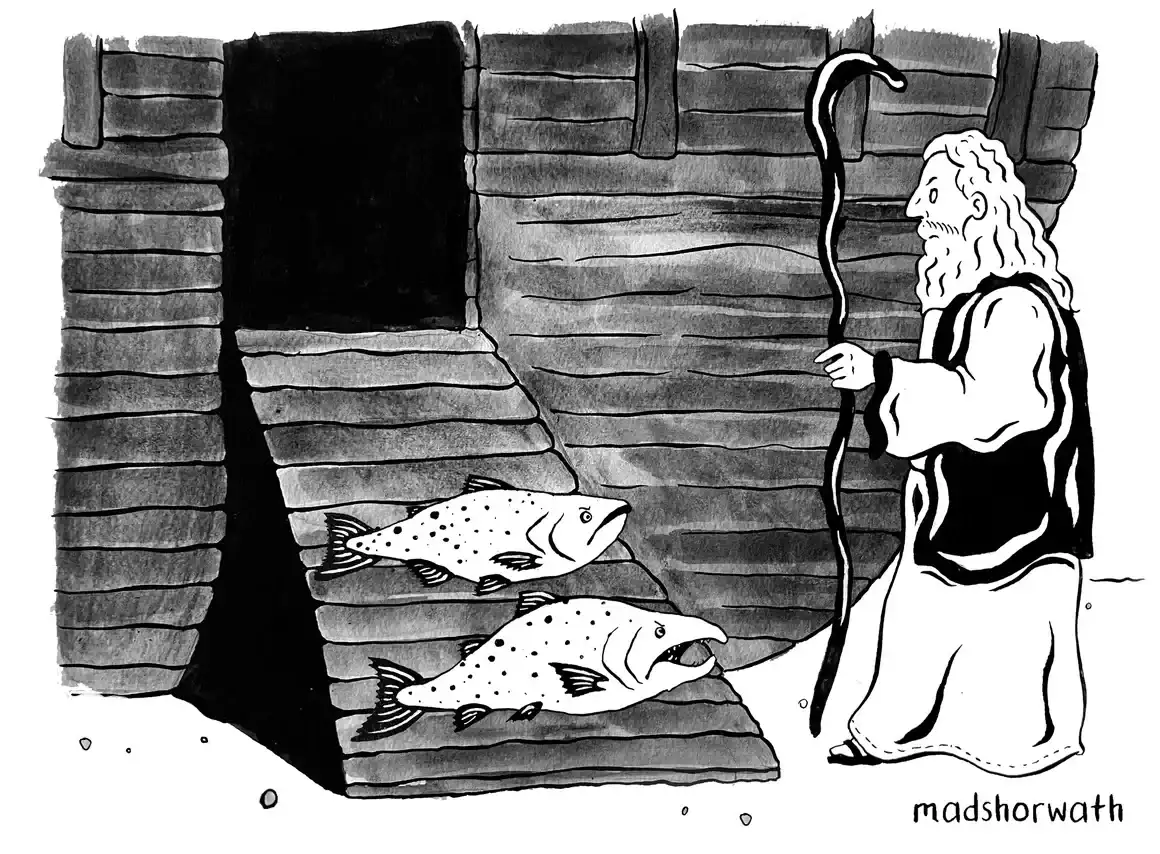 Two fish lie on a ramp leading into Noah's Ark. Noah stands over them with his staff.