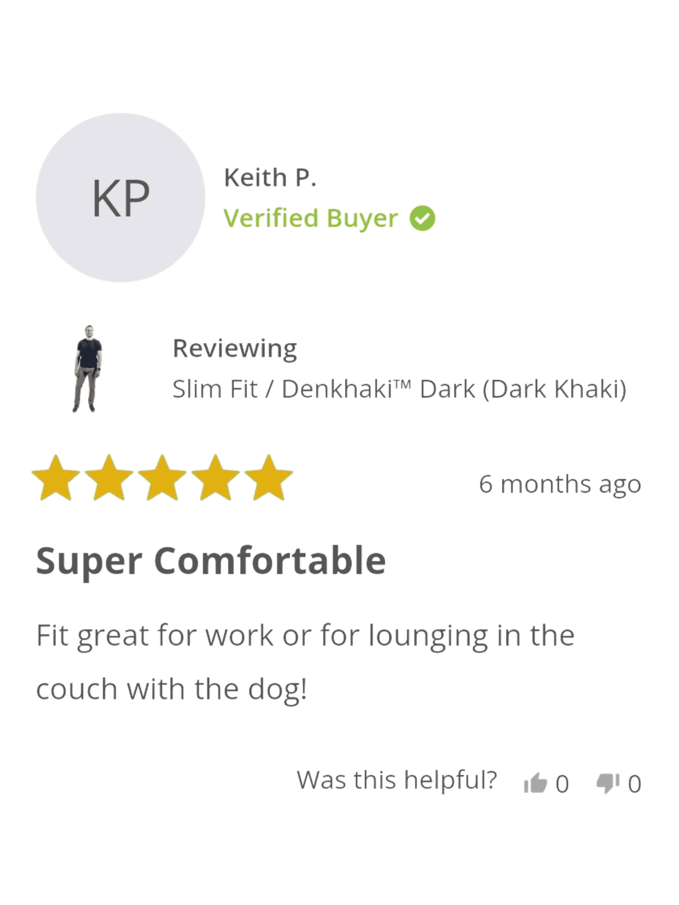 Perfect customer KP's 5-star review for Slim Fit Denkhaki Darks