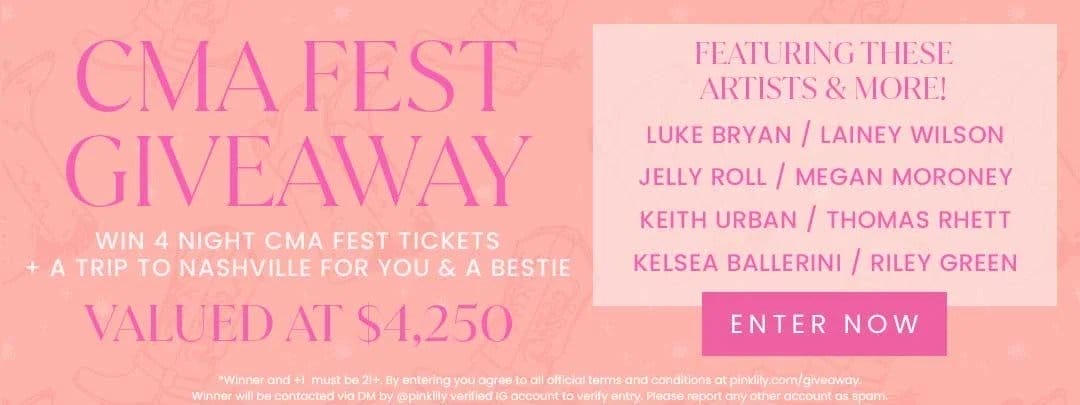 ENTER THE CMA FEST GIVEAWAY - WIN 4 NIGHT CMA FEST TICKETS + A TRIP TO NASHVILLE FOR YOU & A BESTIE - VALUED AT \\$4250 - FEATURING THESE ARTISTS & MORE! - LUKE BRYAN / LAINEY WILSON / JELLY ROLL / MEGAN MORONEY / KEITH URBAN / THOMAS RHETT / KELSEA BALLERINI / RILEY GREEN