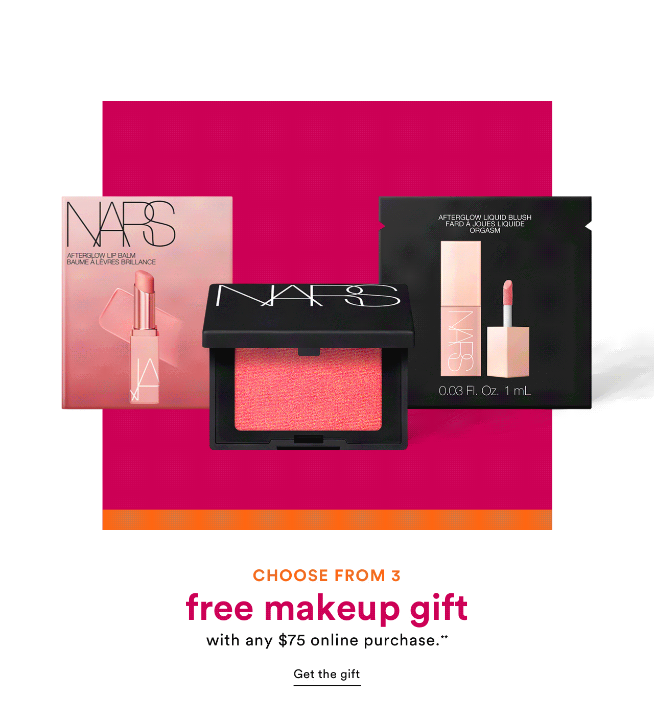 Free Makeup Gift | Choose from 3 | With any \\$75 online purchase | Get the gift