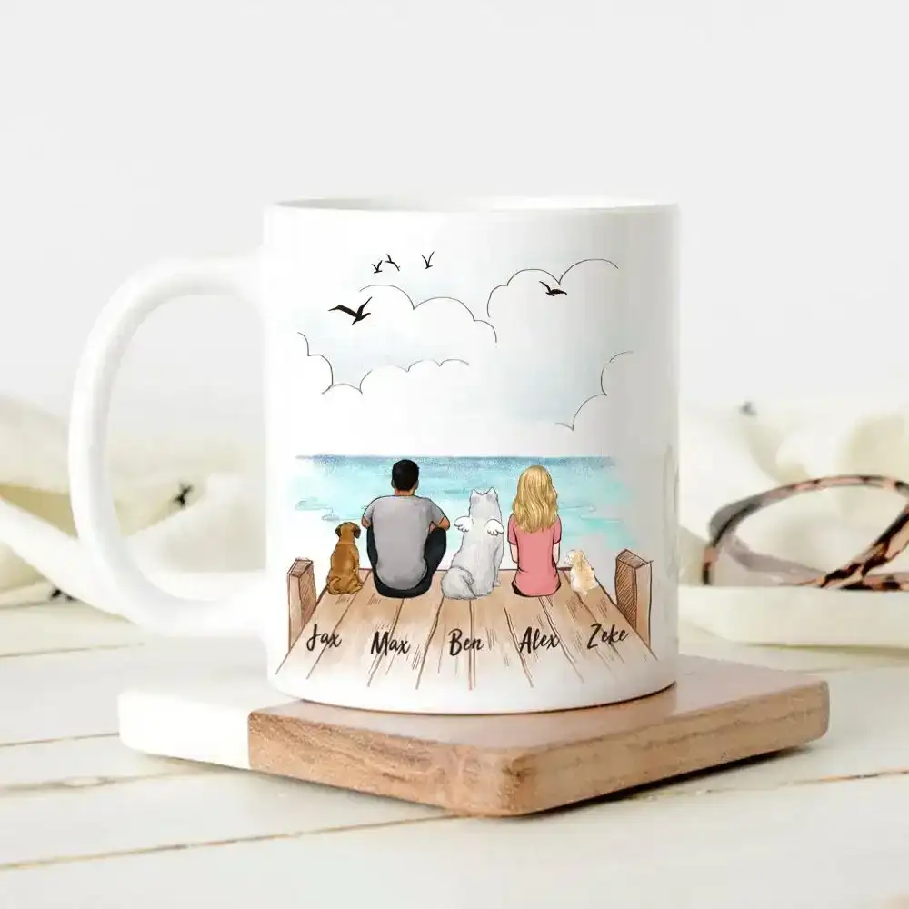 Image of Personalized dog mug gifts for dog lovers - DOG & COUPLE - Wooden Dock - 2269