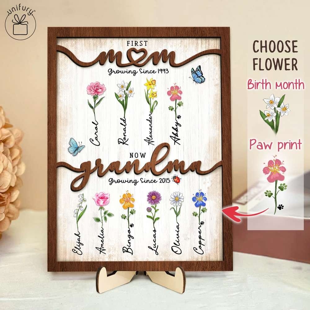Image of First Mom Now Grandma - Birth Flower Sign - Personalized Wooden Frame Gifts For Grandma, Dog Cat Lovers