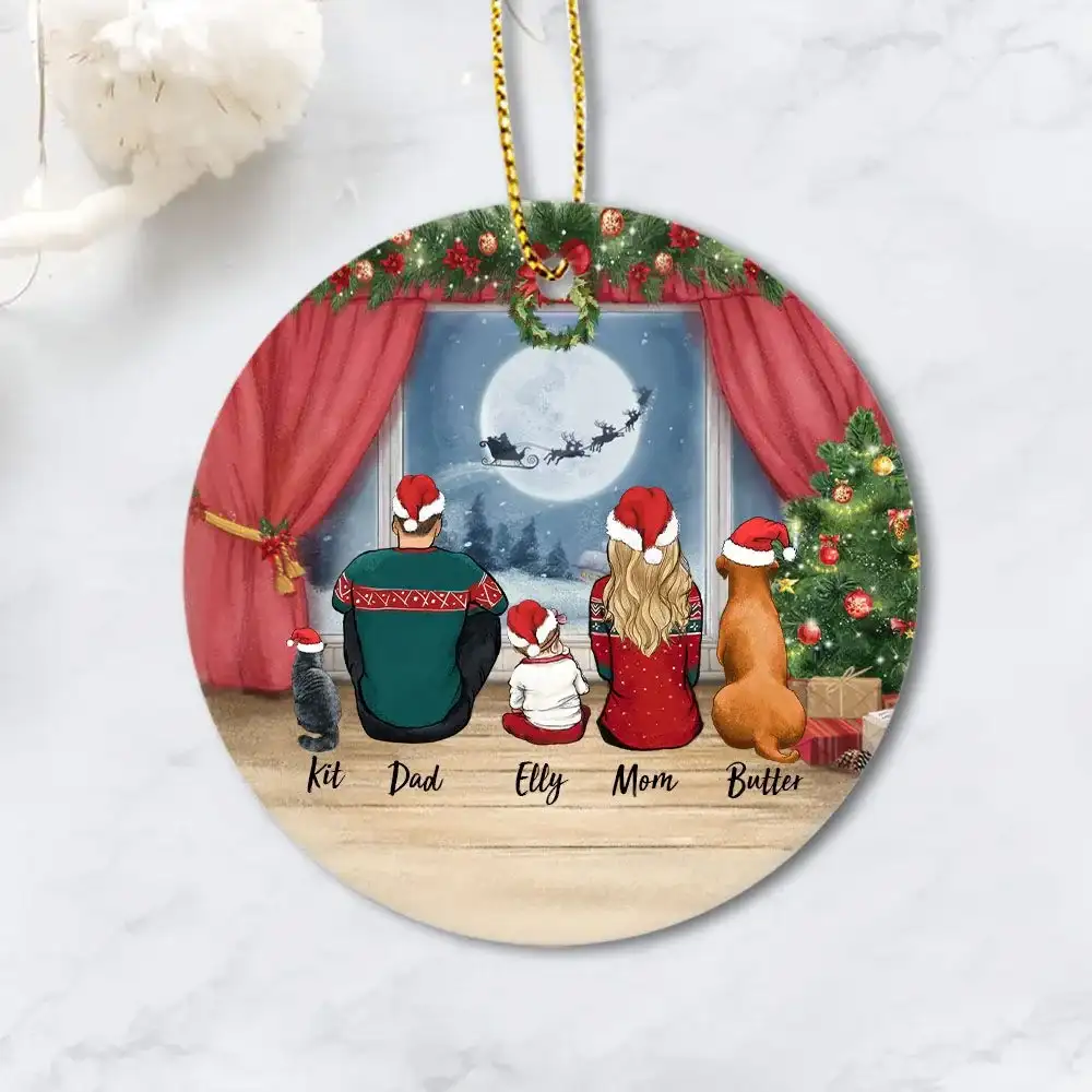 Image of Personalized gifts for the whole family with dog, cat ceramic ornament - UP TO 5 PEOPLE & PETS - Waiting for Santa