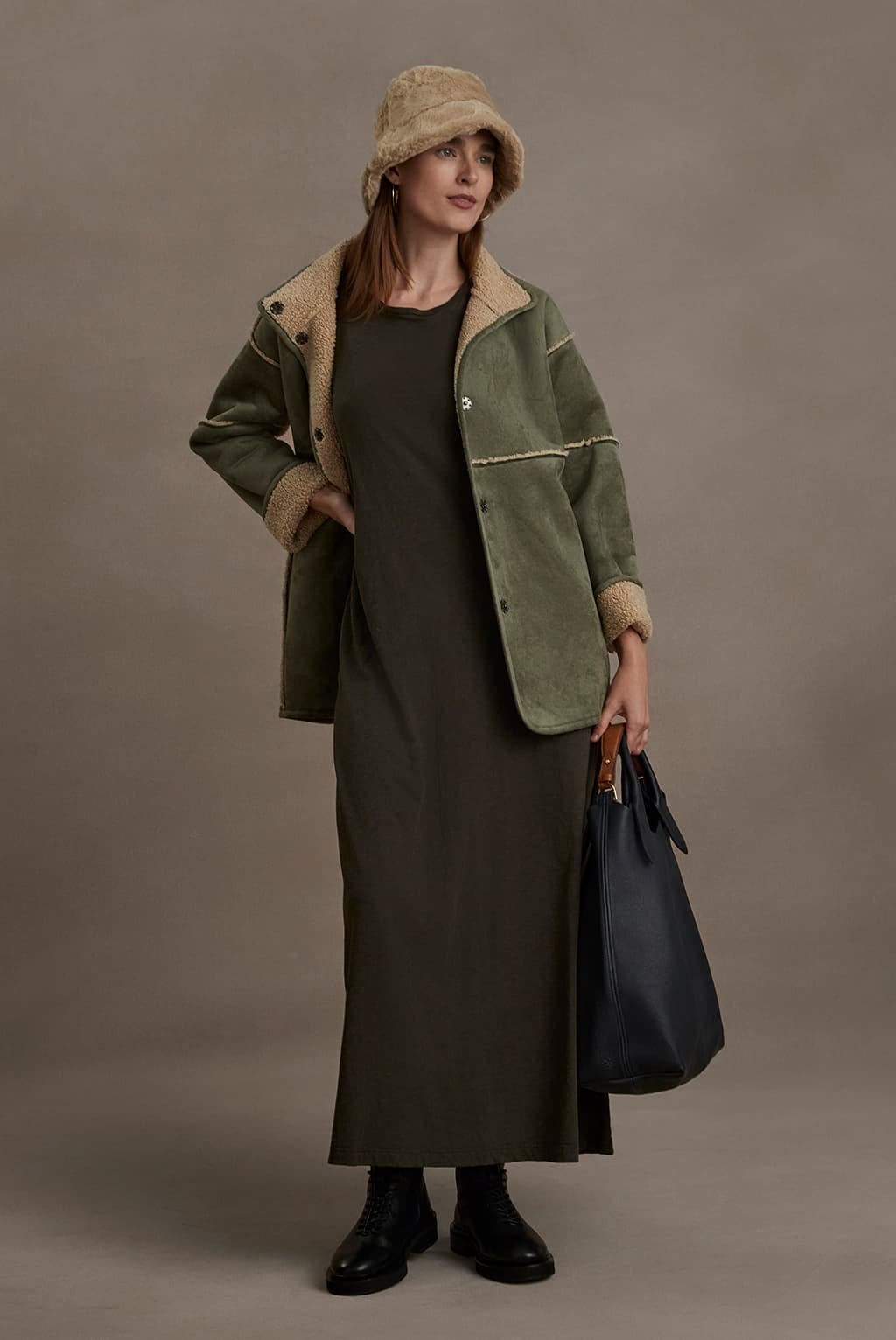 Model wearing the Albany Jacket over the Edith Dress