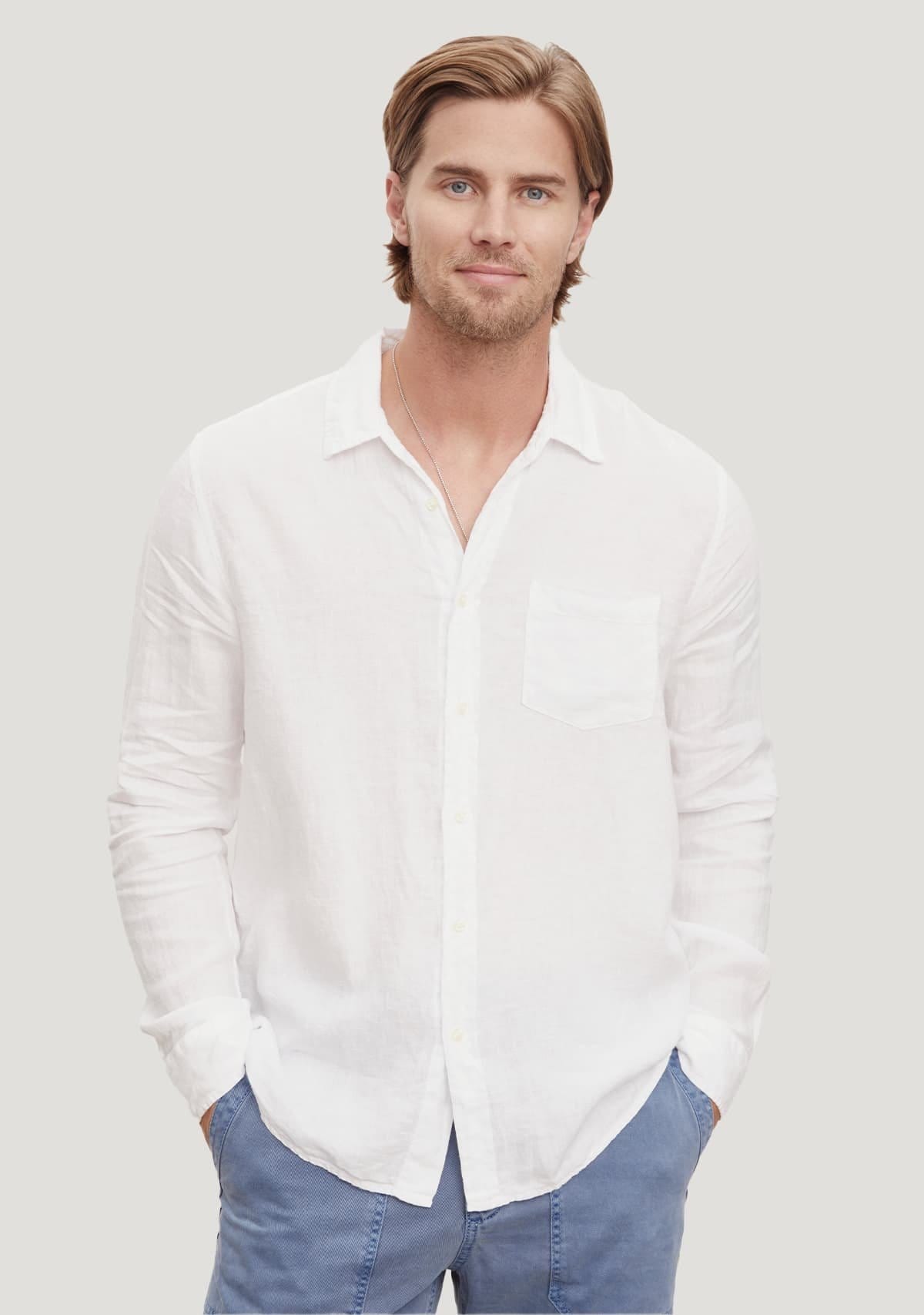 Model wearing the Benton Linen Button-Up Shirt