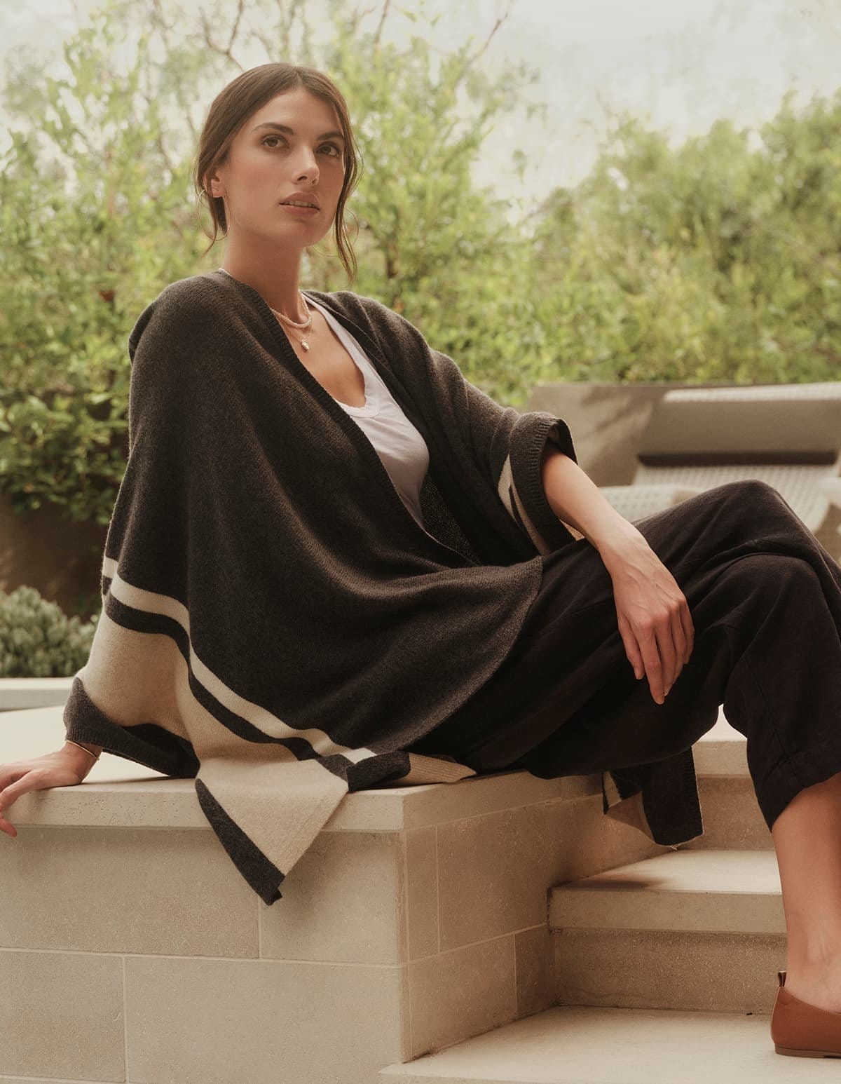 Model wearing the Harper Open Front Poncho.