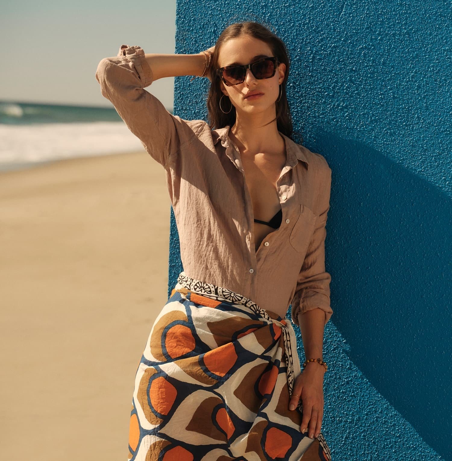 Model wearing the Natalia Linen Top and the Sarong in Peacock