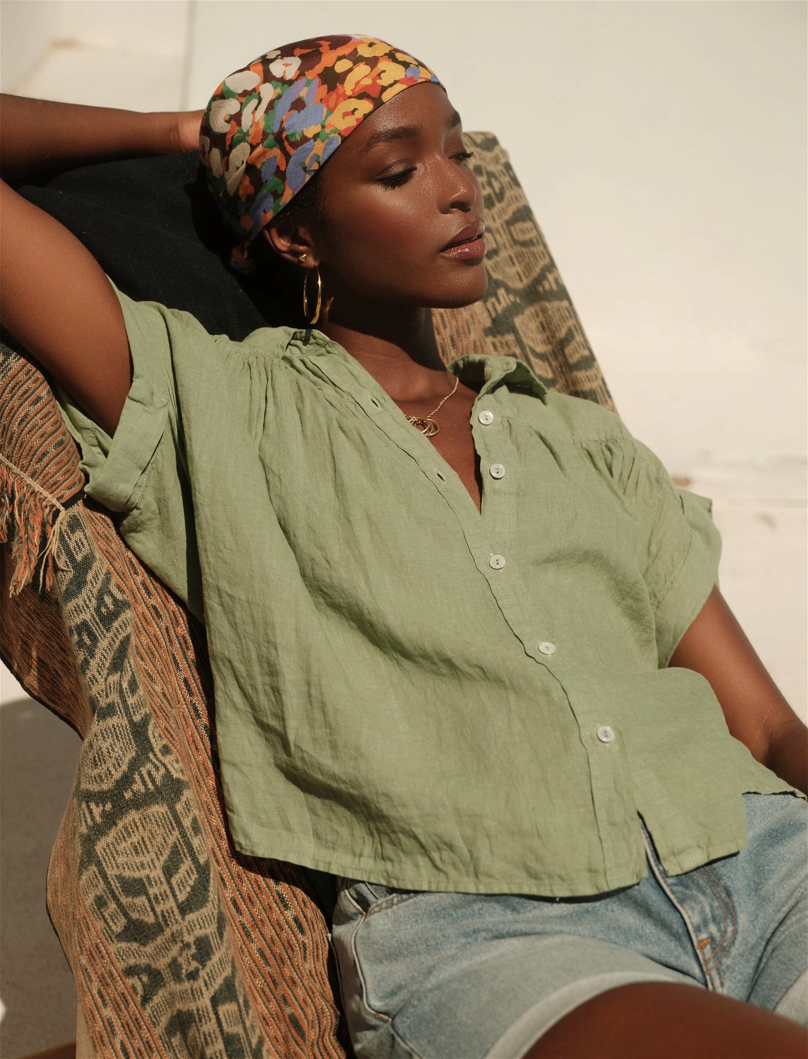 Model wearing the Aria Woven Linen Top