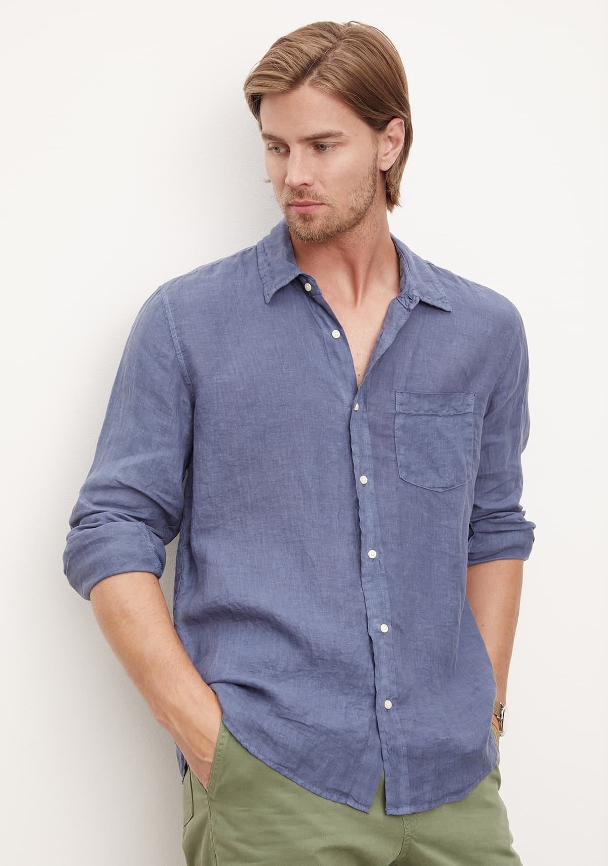 Model wearing the Benton Linen Shirt