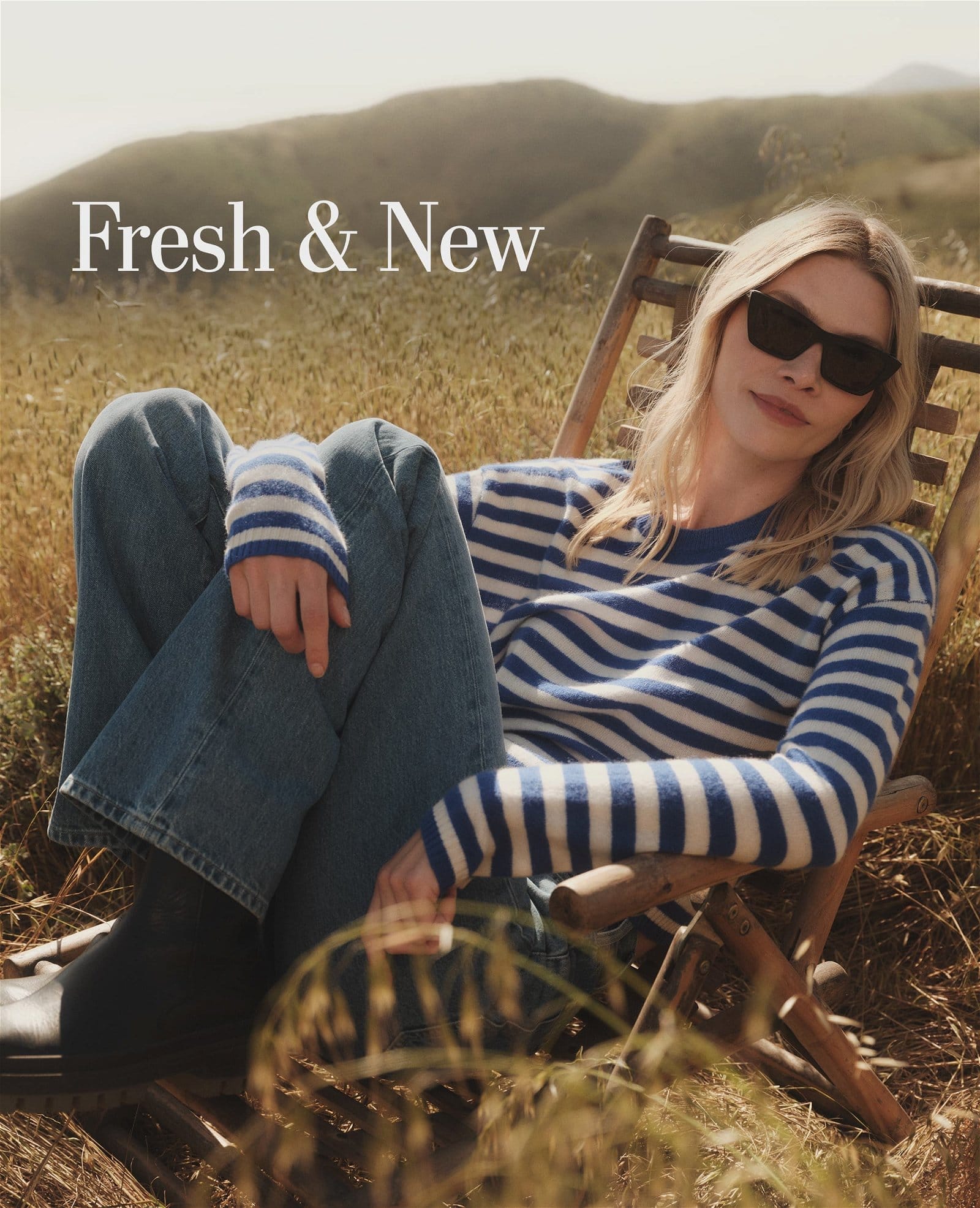 Fresh & New. Model wearing the Alyssa Cashmere Striped Crew Neck Sweater