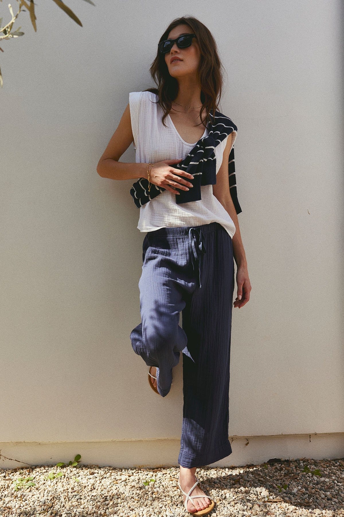 Model wearing the Estina Tee and the Franny Cotton Gauze Pant
