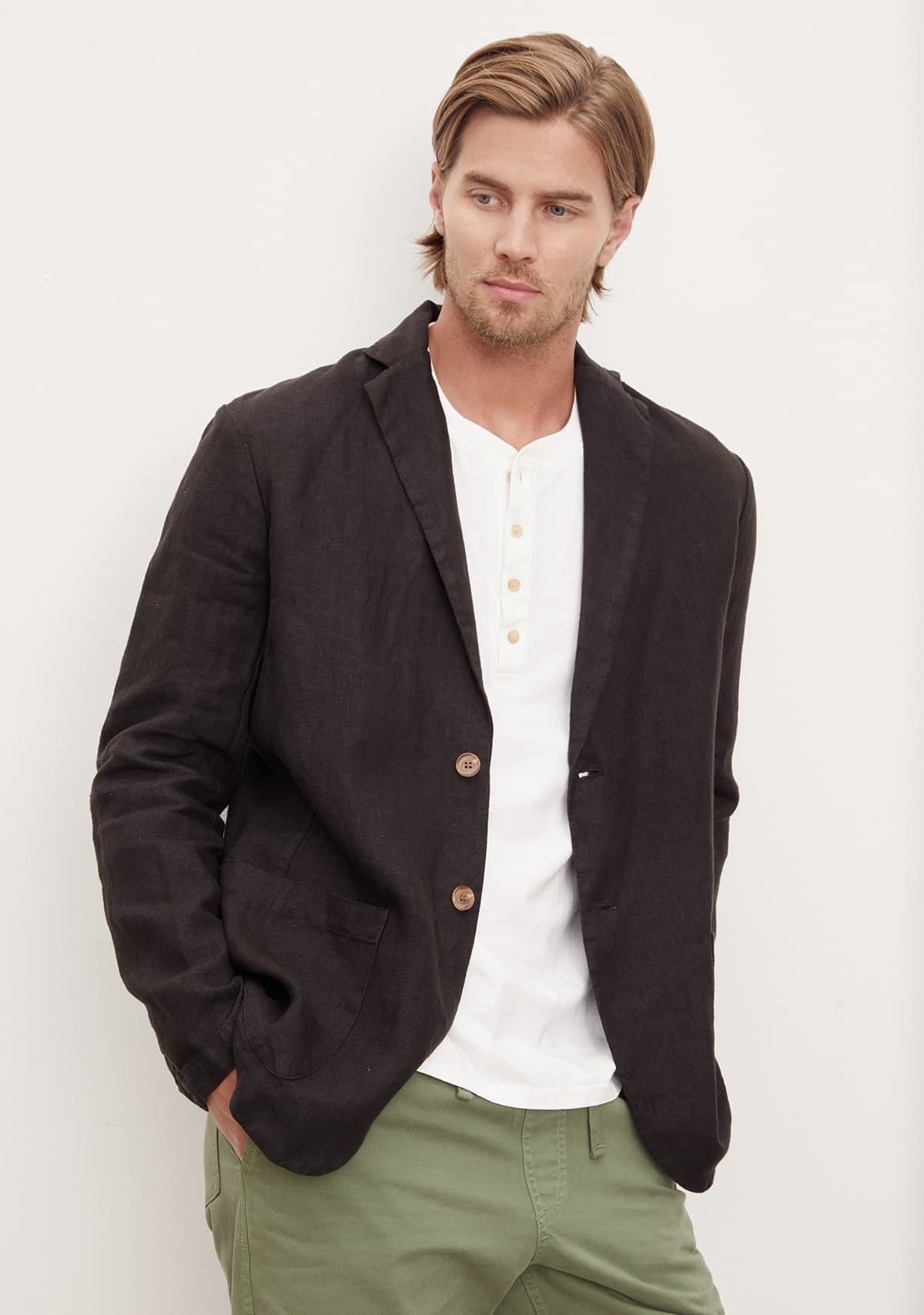 Model wearing the Joshua Linen Blazer