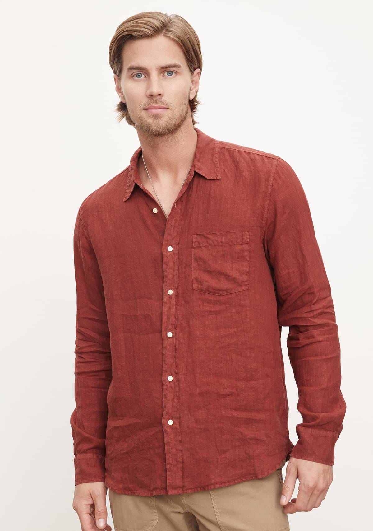 Model wearing the Benton Button-Up Shirt