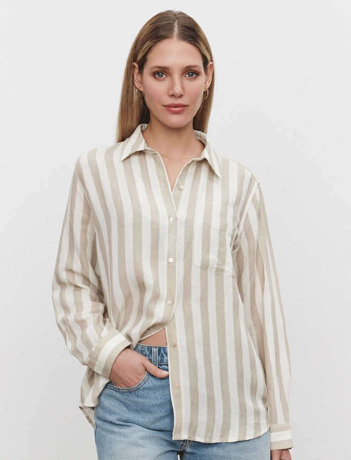 Model wearing the Harlow Striped Linen Button-Up Shirt